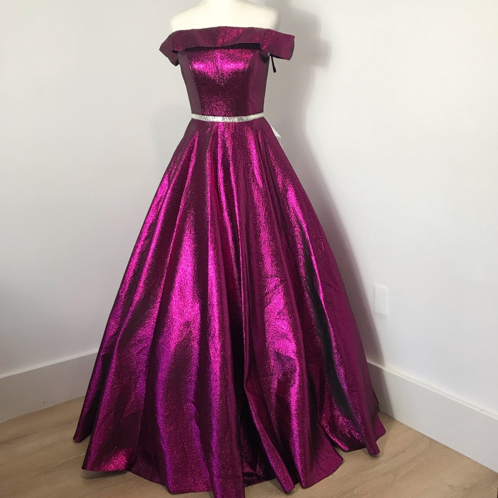 Mac Duggal off shoulder raspberry gown prom
